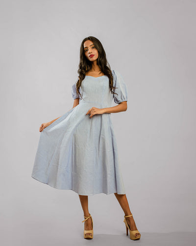 Powder Blue Puff Sleeved Sweetheart Neck Bias Cut Tunic Below Knee Length Dress