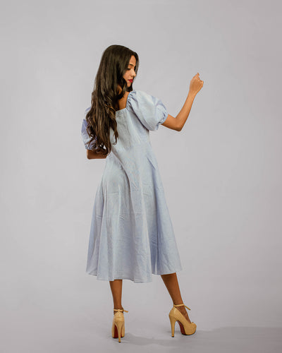 Powder Blue Puff Sleeved Sweetheart Neck Bias Cut Tunic Below Knee Length Dress