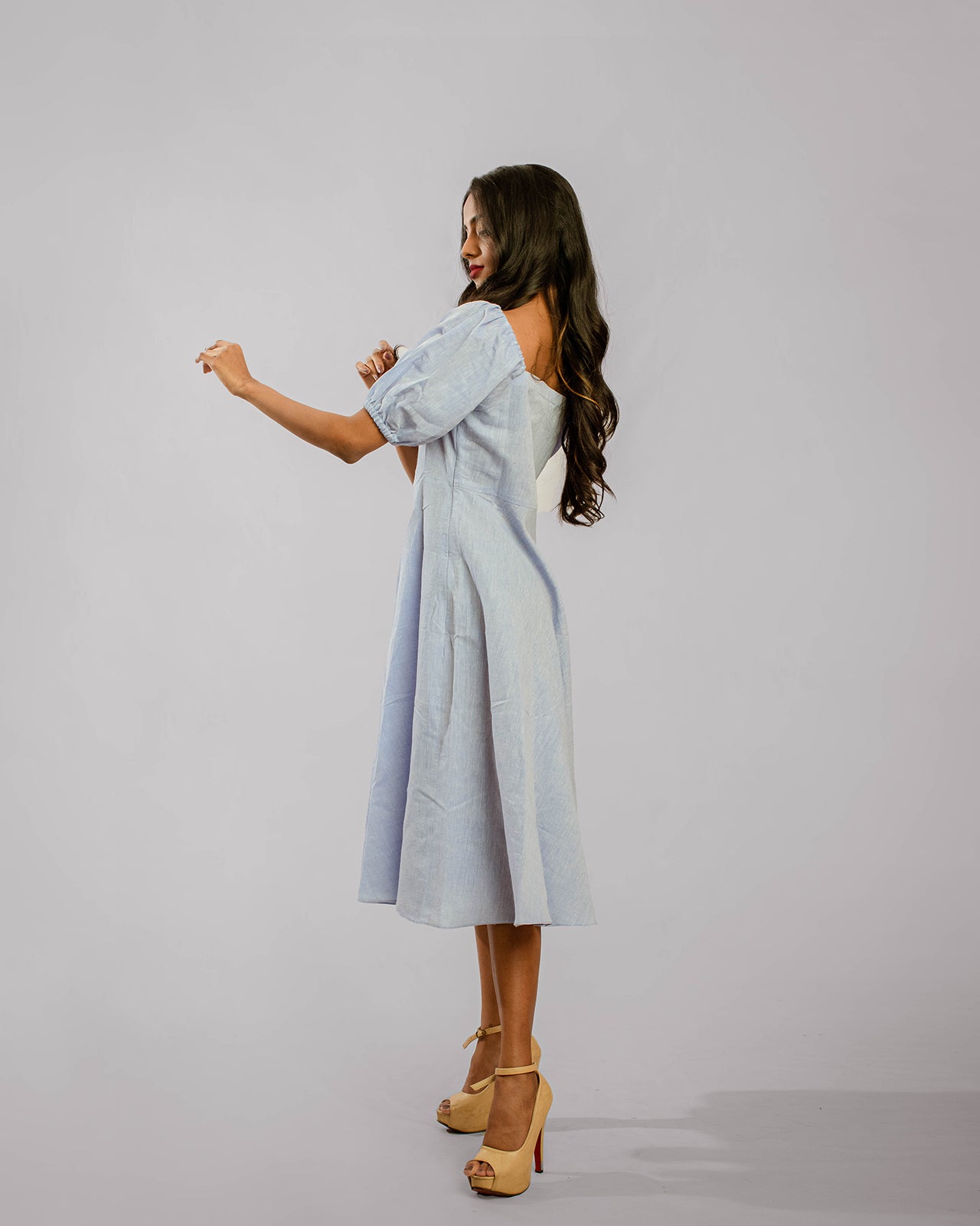Powder Blue Puff Sleeved Sweetheart Neck Bias Cut Tunic Below Knee Length Dress