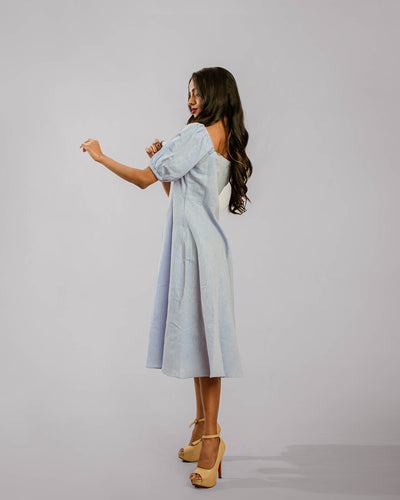 Powder Blue Puff Sleeved Sweetheart Neck Bias Cut Tunic Below Knee Length Dress