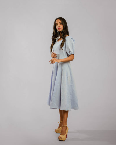 Powder Blue Puff Sleeved Sweetheart Neck Bias Cut Tunic Below Knee Length Dress
