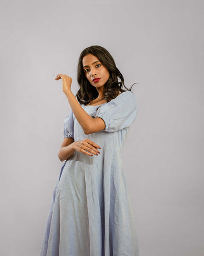 Powder Blue Puff Sleeved Sweetheart Neck Bias Cut Tunic Below Knee Length Dress