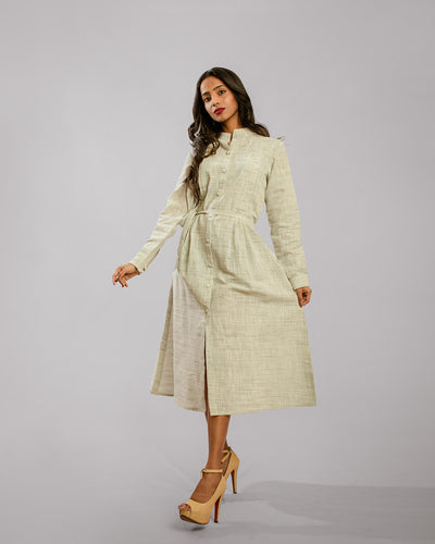 Green Nehru Collar Front Slit Cuff Sleeve Shirt Dress