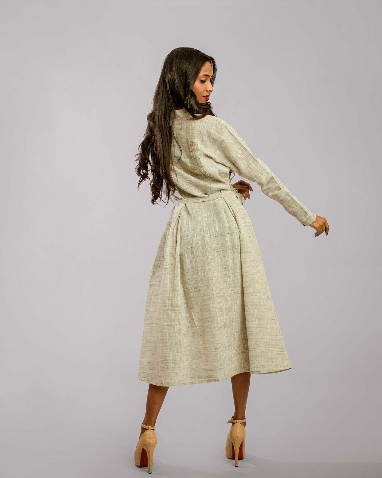 Green Nehru Collar Front Slit Cuff Sleeve Shirt Dress