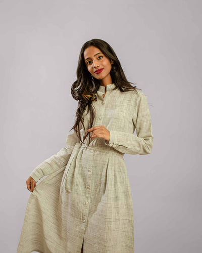 Green Nehru Collar Front Slit Cuff Sleeve Shirt Dress