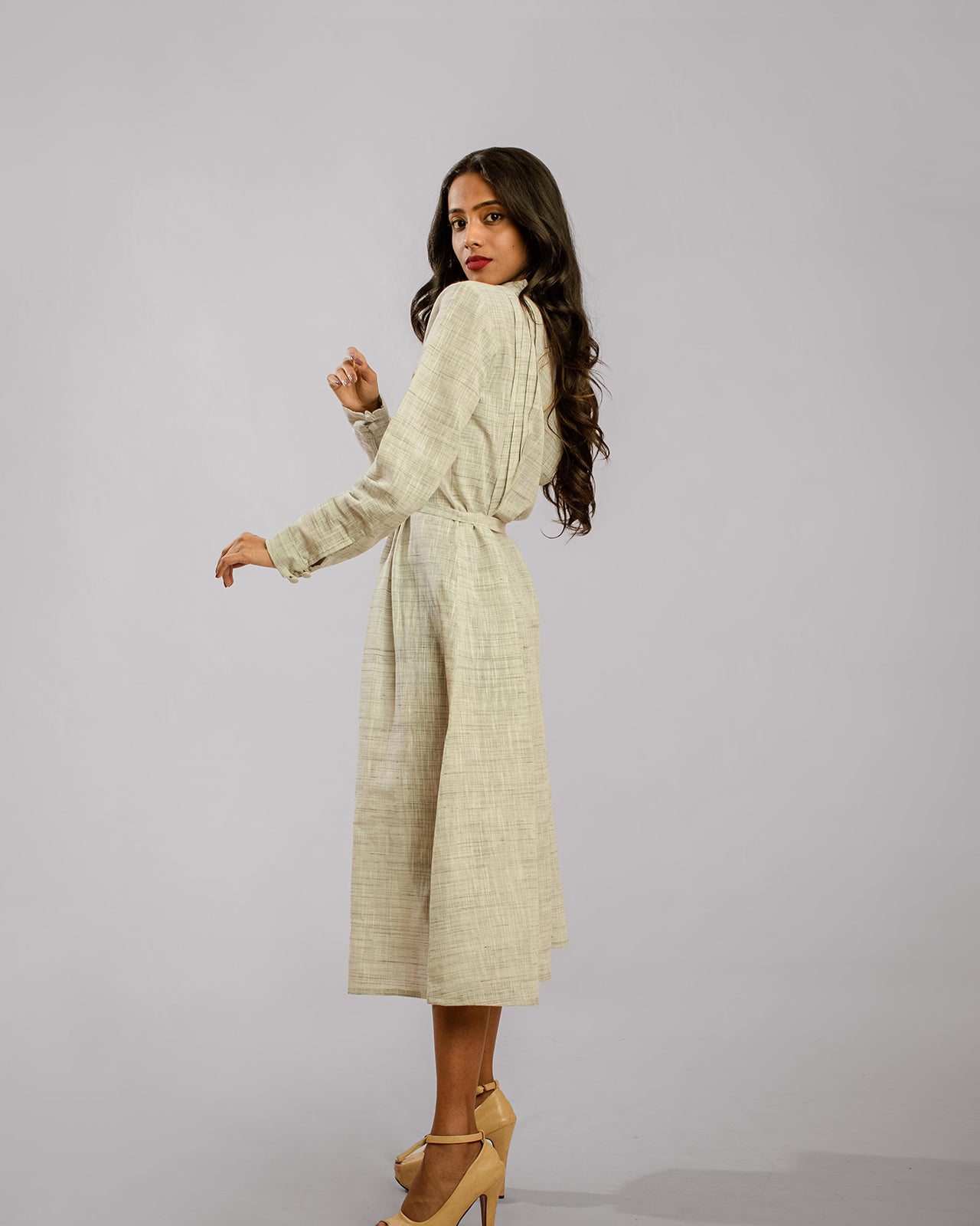 Green Nehru Collar Front Slit Cuff Sleeve Shirt Dress