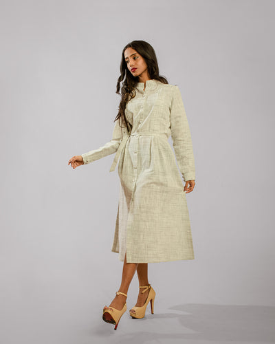 Green Nehru Collar Front Slit Cuff Sleeve Shirt Dress
