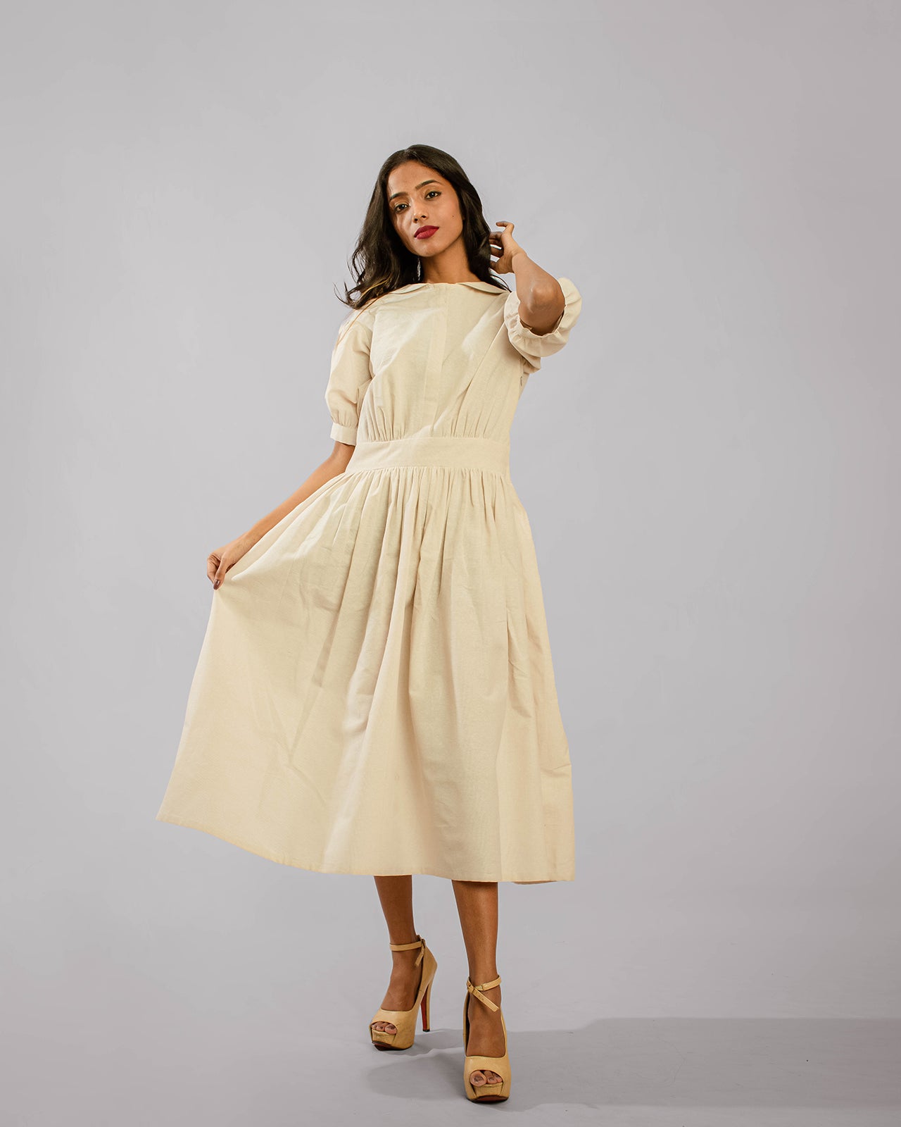 Beige Balloon Puff Sleeve Peter Pan Collar Three Fourth Length Tunic Dress