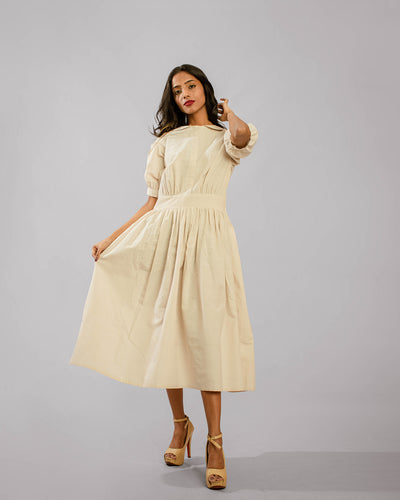 Beige Balloon Puff Sleeve Peter Pan Collar Three Fourth Length Tunic Dress