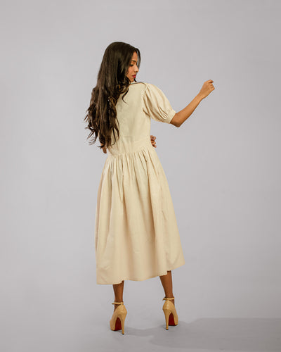 Beige Balloon Puff Sleeve Peter Pan Collar Three Fourth Length Tunic Dress