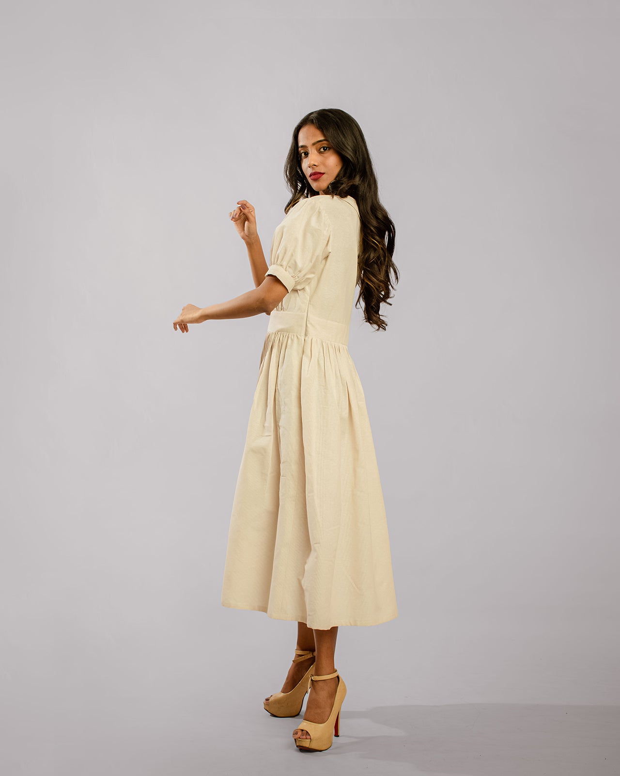 Beige Balloon Puff Sleeve Peter Pan Collar Three Fourth Length Tunic Dress