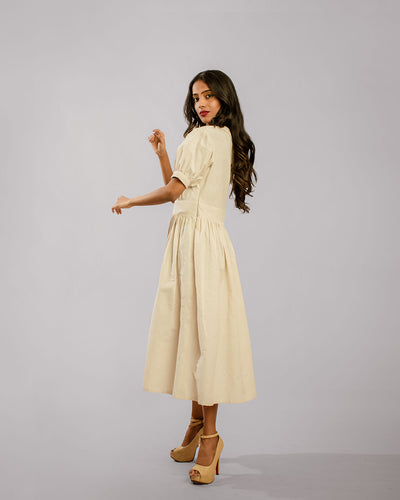 Beige Balloon Puff Sleeve Peter Pan Collar Three Fourth Length Tunic Dress