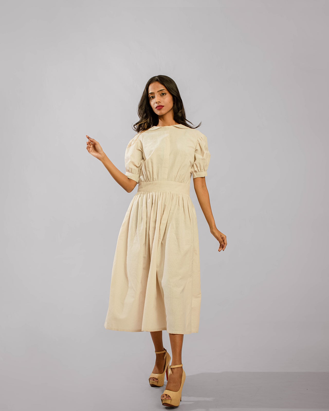 Beige Balloon Puff Sleeve Peter Pan Collar Three Fourth Length Tunic Dress