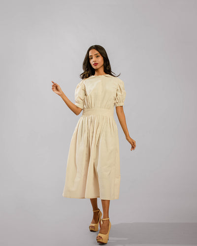 Beige Balloon Puff Sleeve Peter Pan Collar Three Fourth Length Tunic Dress