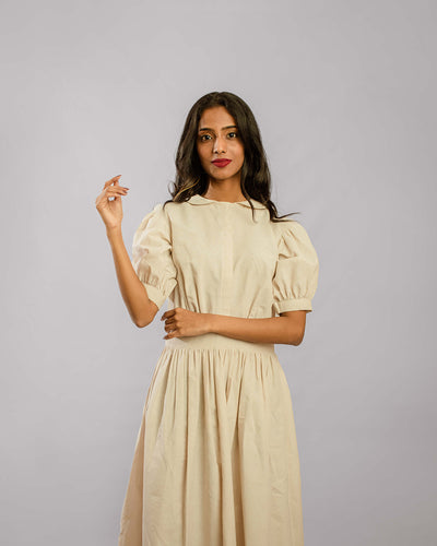 Beige Balloon Puff Sleeve Peter Pan Collar Three Fourth Length Tunic Dress