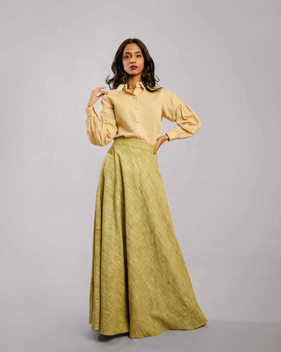 Biege Regular Collar Bishop Sleeve With Brown Bias Flare Long Skirt