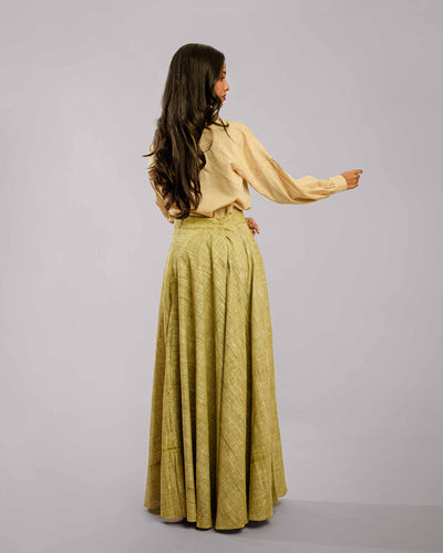 Biege Regular Collar Bishop Sleeve With Brown Bias Flare Long Skirt
