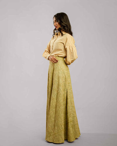 Biege Regular Collar Bishop Sleeve With Brown Bias Flare Long Skirt