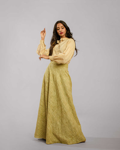 Biege Regular Collar Bishop Sleeve With Brown Bias Flare Long Skirt