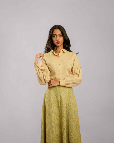 Biege Regular Collar Bishop Sleeve With Brown Bias Flare Long Skirt