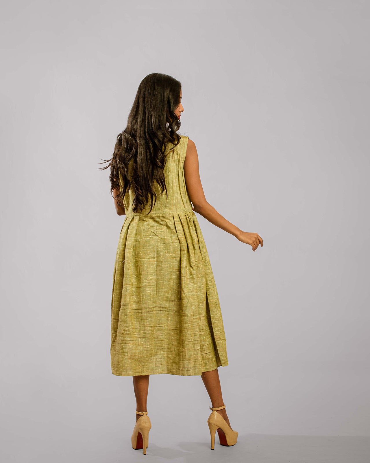 Beige Sleeveless Knife Pleated Below Knee Length Tunic Dress