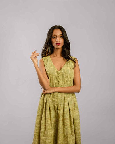 Beige Sleeveless Knife Pleated Below Knee Length Tunic Dress