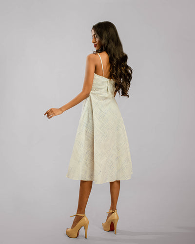 White Noodle Strap Below Knee Length A-Line Dress