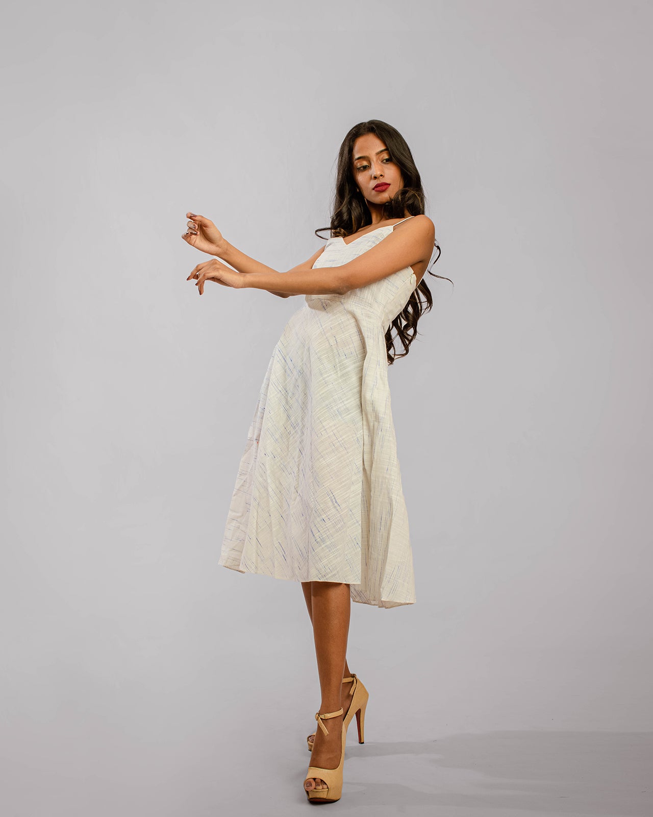 White Noodle Strap Below Knee Length A-Line Dress