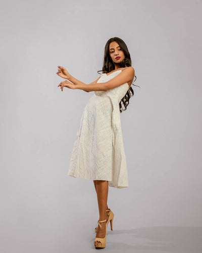 White Noodle Strap Below Knee Length A-Line Dress