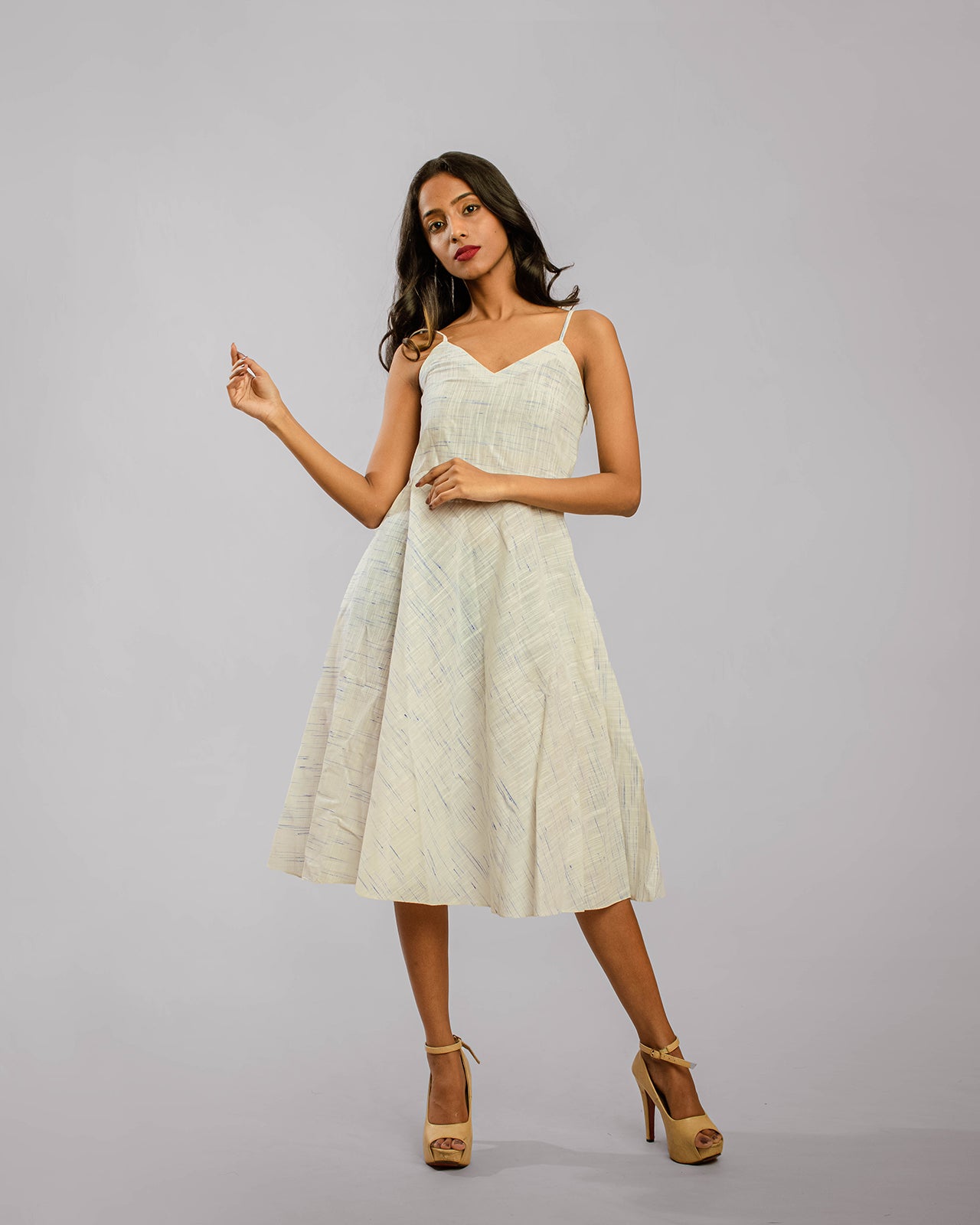 White Noodle Strap Below Knee Length A-Line Dress
