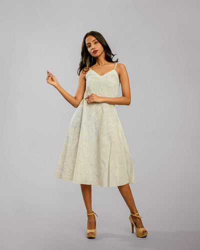 White Noodle Strap Below Knee Length A-Line Dress