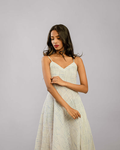 White Noodle Strap Below Knee Length A-Line Dress