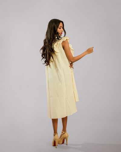 Beige Ruffle Detail Around The Neckline Asymetrical Bias Tunic Dress