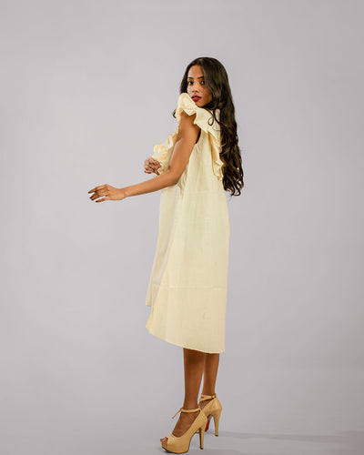 Beige Ruffle Detail Around The Neckline Asymetrical Bias Tunic Dress