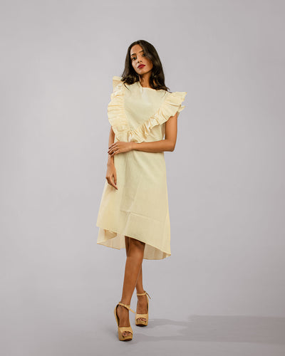 Beige Ruffle Detail Around The Neckline Asymetrical Bias Tunic Dress