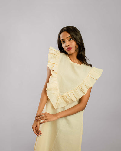 Beige Ruffle Detail Around The Neckline Asymetrical Bias Tunic Dress