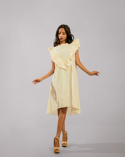 Beige Ruffle Detail Around The Neckline Asymetrical Bias Tunic Dress