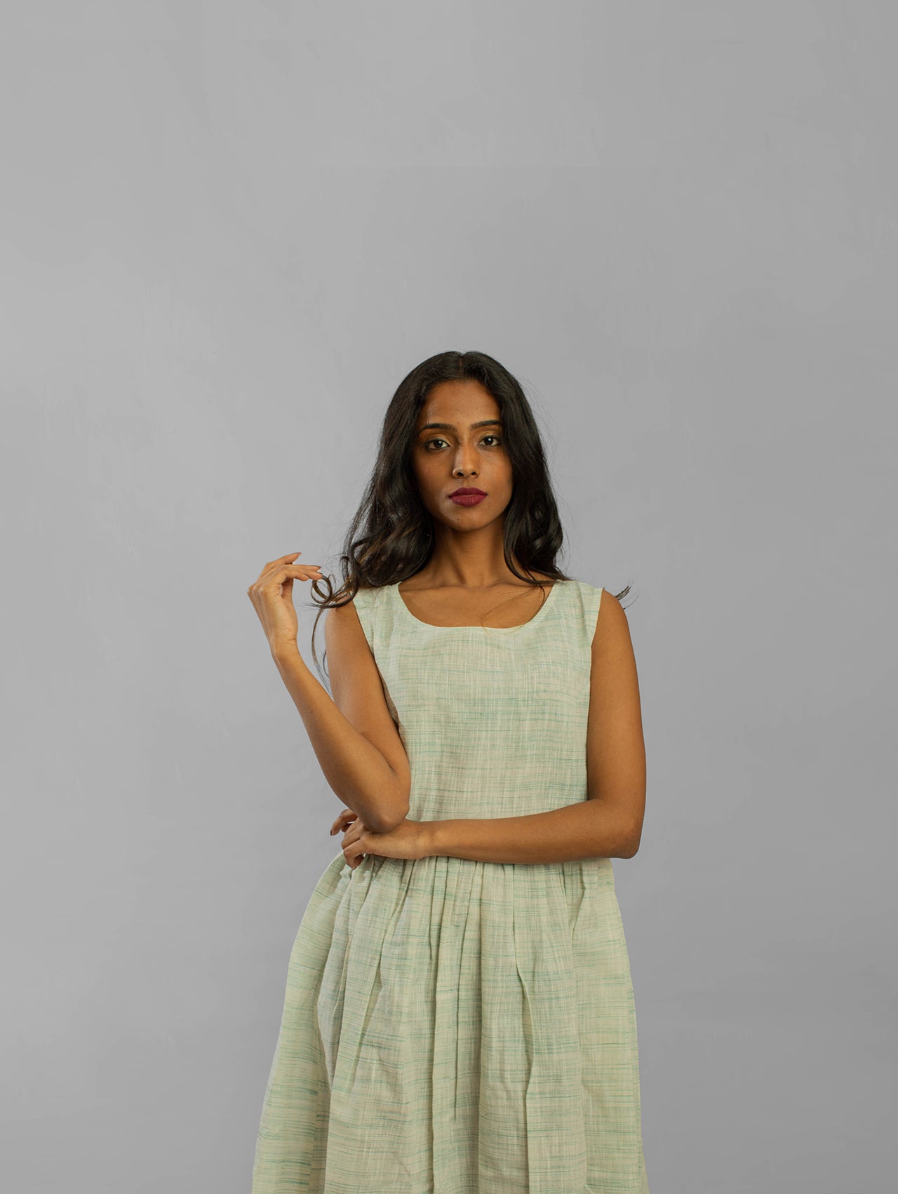Light Green Fine Gather Pleat With Border Ruffle Below Knee Length Tunic Dress