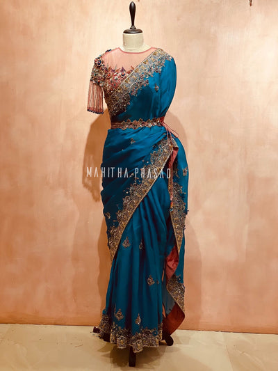 Illusion boat neck 3d embossed velvet blouse with sateen organza saree