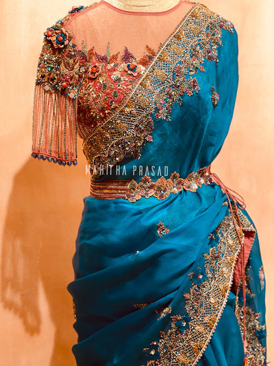 Illusion boat neck 3d embossed velvet blouse with sateen organza saree