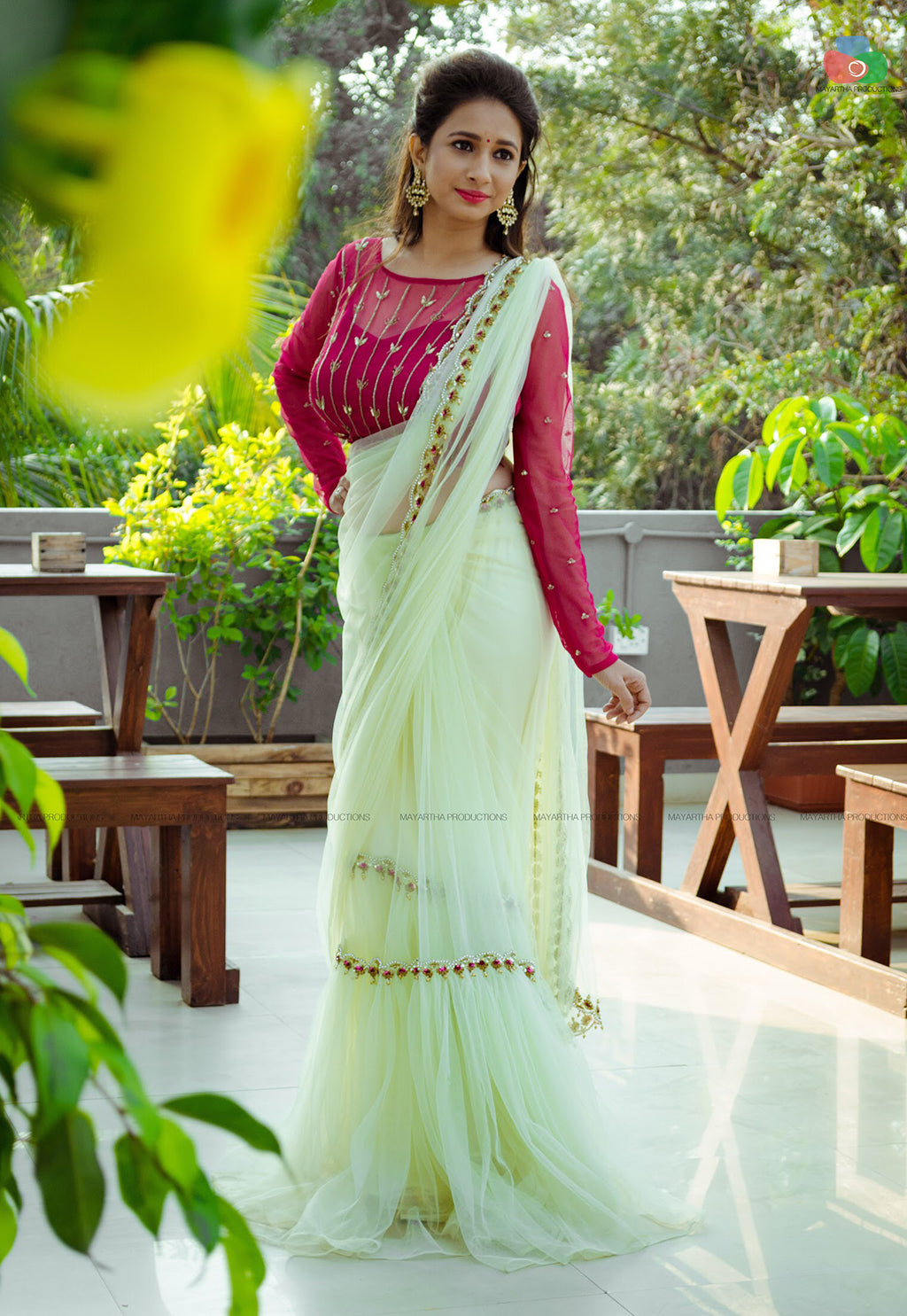 Full sleeve boat neck tulle blouse with neon green tulle saree