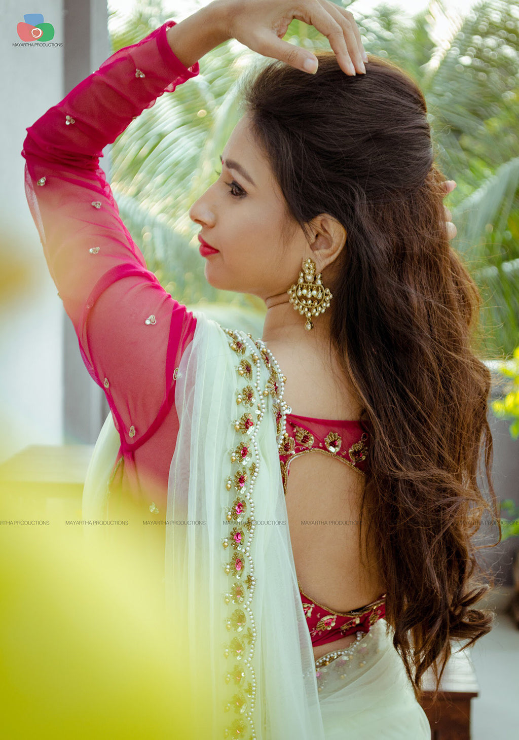 Full sleeve boat neck tulle blouse with neon green tulle saree