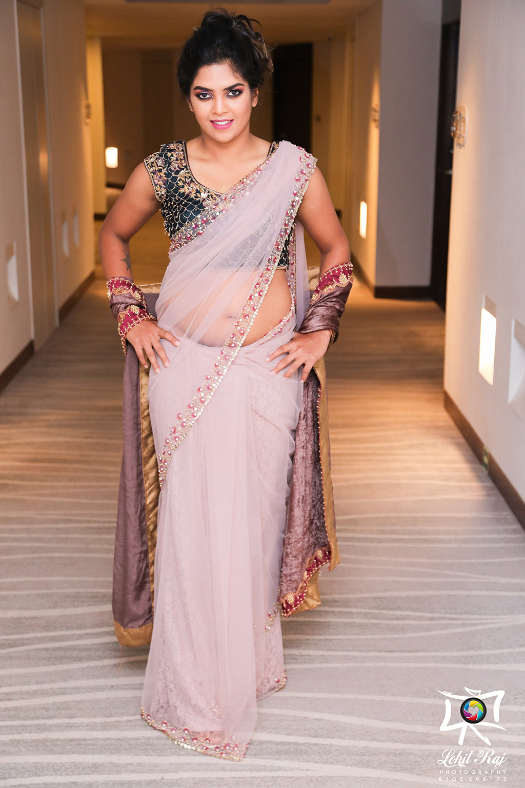 Green velvet  blouse with blush pink tulle saree