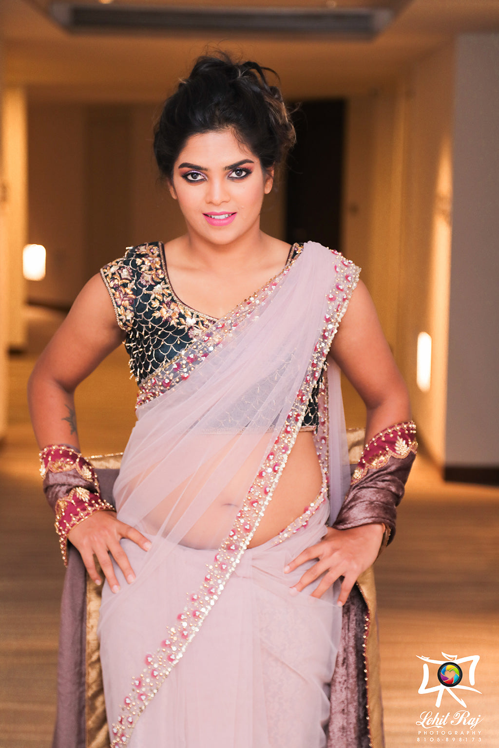 Green velvet  blouse with blush pink tulle saree