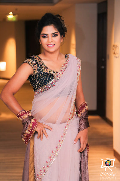 Green velvet  blouse with blush pink tulle saree
