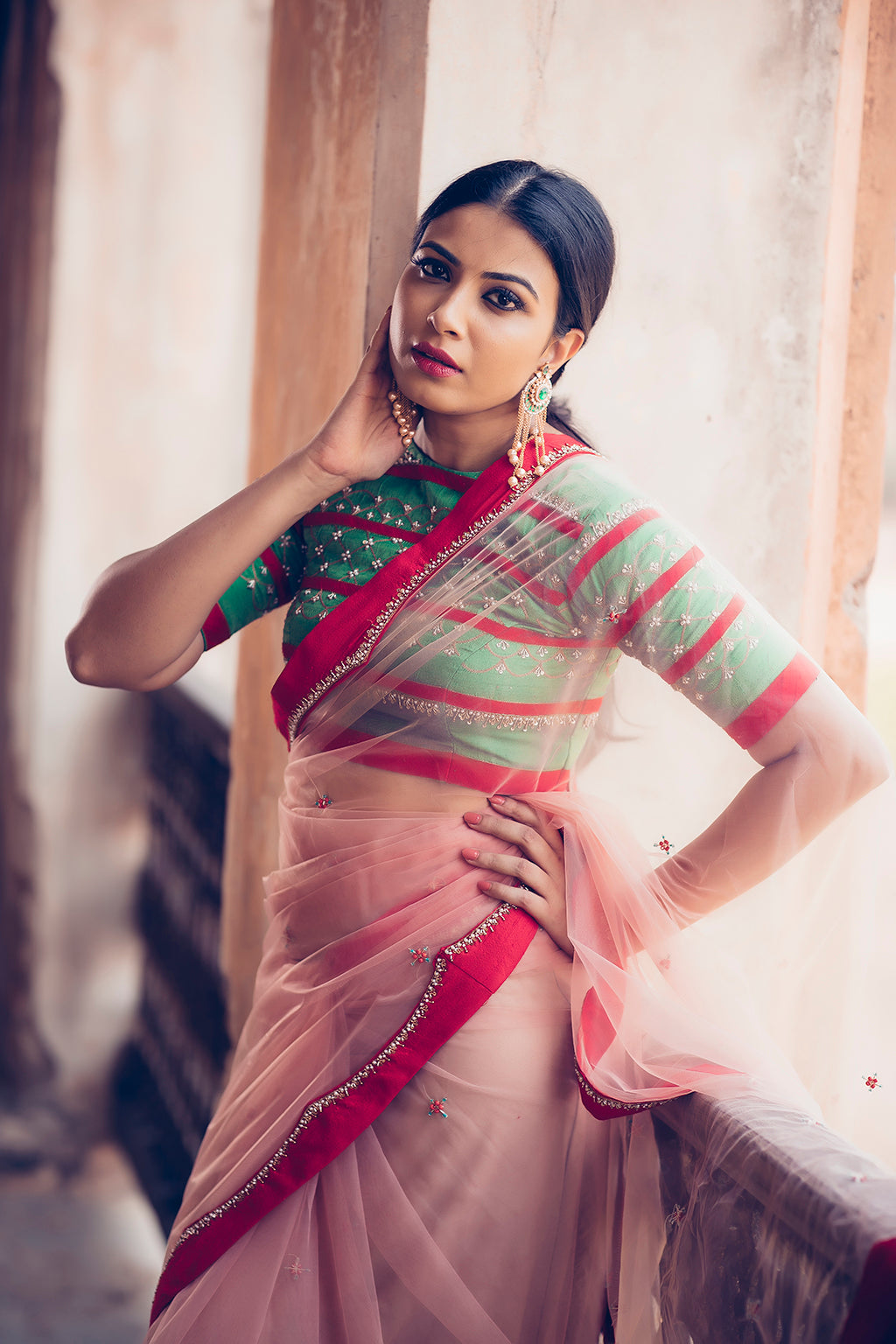 High neck horizontal contrast stripe blouse with peach tulle saree