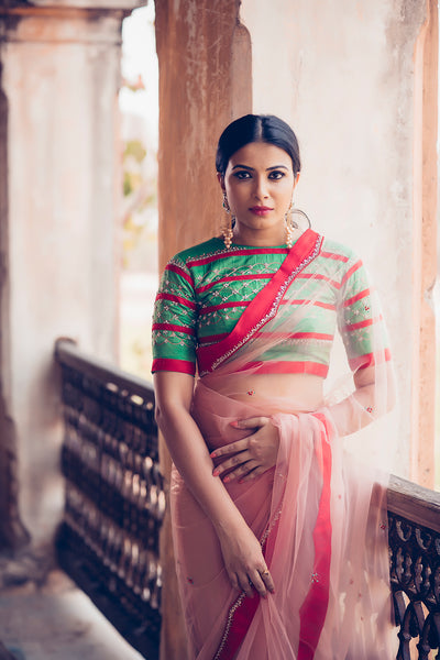 High neck horizontal contrast stripe blouse with peach tulle saree