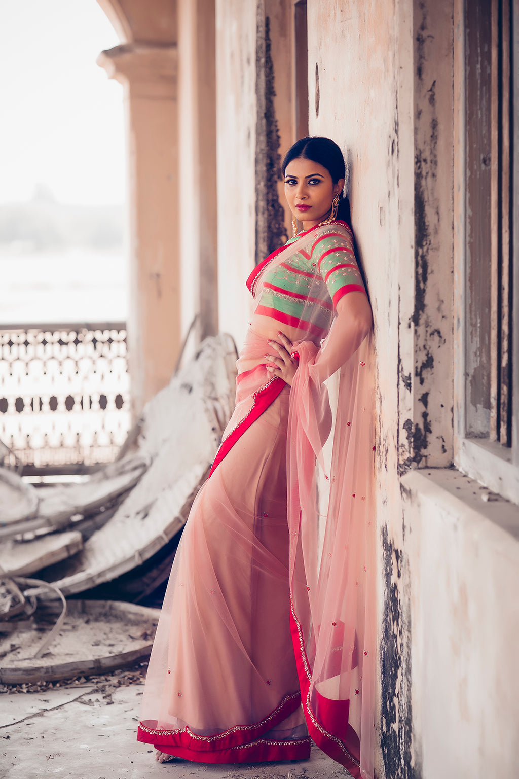 High neck horizontal contrast stripe blouse with peach tulle saree