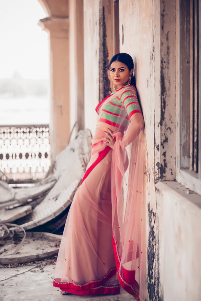 High neck horizontal contrast stripe blouse with peach tulle saree