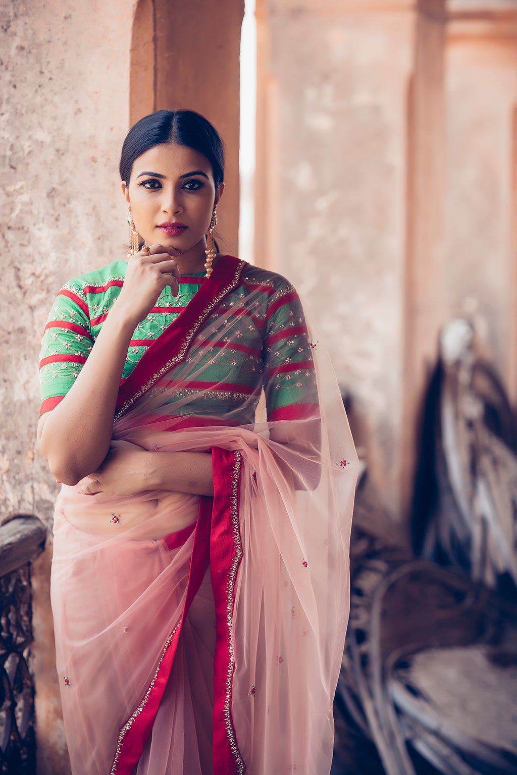 High neck horizontal contrast stripe blouse with peach tulle saree